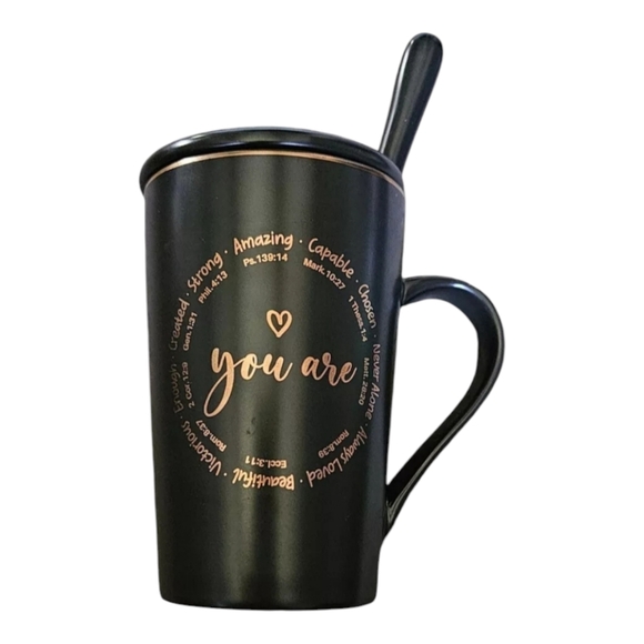 Unbranded Other - You Are Inspirational Coffee Mug Tea Cup W/  Lid & Spoon Black & Gold Beautiful